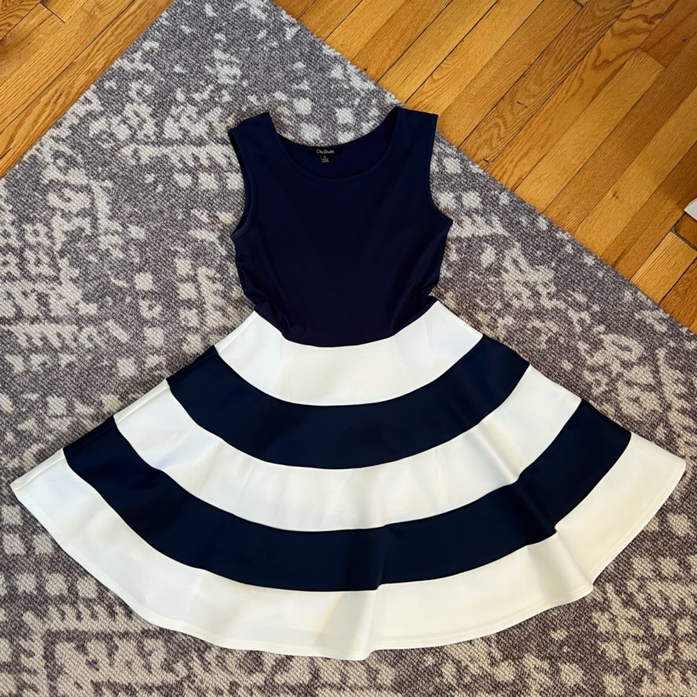 City Studio Fit and Flare Navy and White Dress